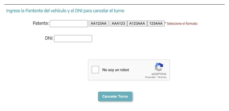 Pantalla para cancelar el turno de la VTV en San Martín con patente y DNI